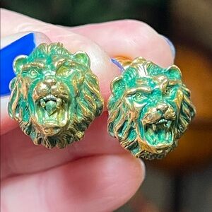 Vintage Green Enamel Gold Gilt Lion Head Screwback Earrings